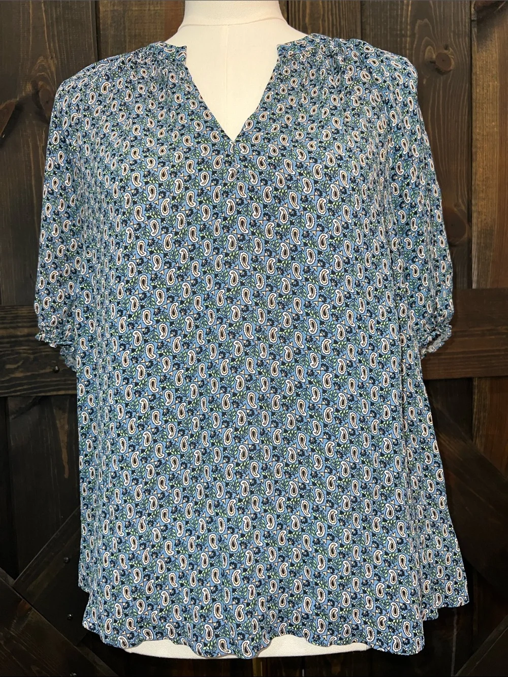 Boden Paisley Top 14 Blue Gathered Split Neck Puff Sleeve Semi Sheer Preppy